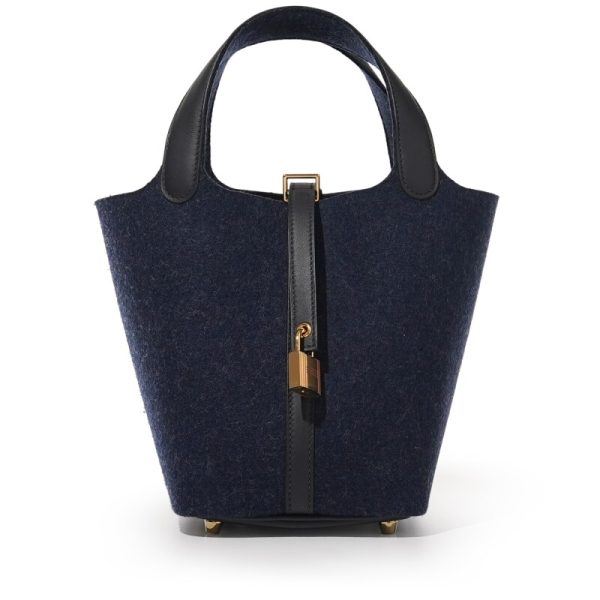Hermes Bleu Nuit Feutre Wool and Black Swift Picotin Lock 18 Gold Hardware