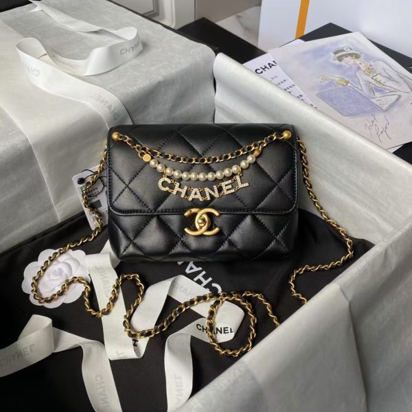 Chanel AS4986 Mini Flap bag Shiny Lambskin Imitation Pearls & Gold-Tone Metal Black