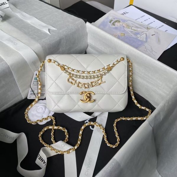 Chanel AS4986 Mini Flap bag Shiny Lambskin Imitation Pearls & Gold-Tone Metal White