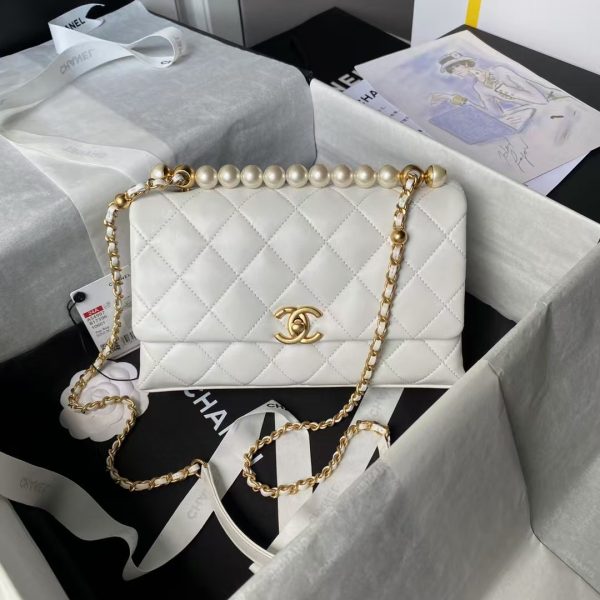 Chanel AS4997 Flap Bag Top Handle Shiny Lambskin Imitation Pearl & Gold Metal White
