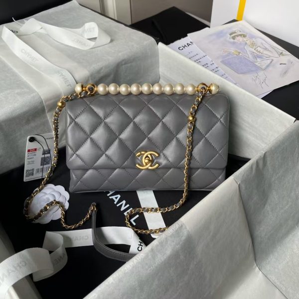 Chanel AS4997 Flap Bag Top Handle Shiny Lambskin Imitation Pearl & Gold Metal Grey