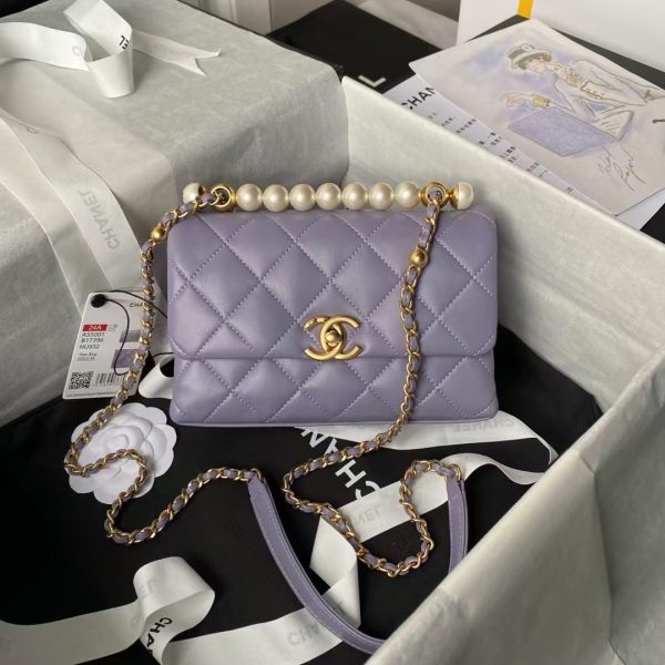 Chanel AS5001 Mini Flap Bag Top Handle Shiny Lambskin Faux Pearl & Gold Metallic Purple