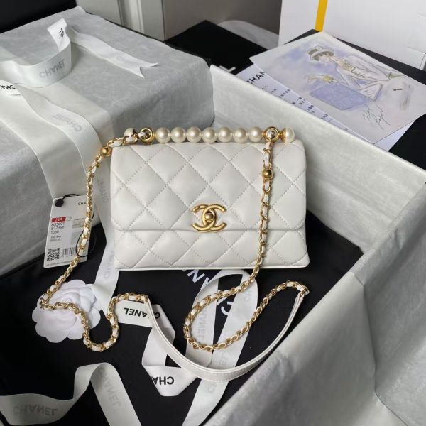 Chanel AS5001 Mini Flap Bag Top Handle Shiny Lambskin Imitation Pearl & Gold Metal White