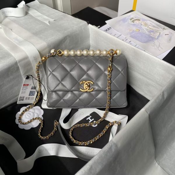Chanel AS5001 Mini Flap Bag Top Handle Shiny Lambskin Imitation Pearl & Gold Metallic Grey