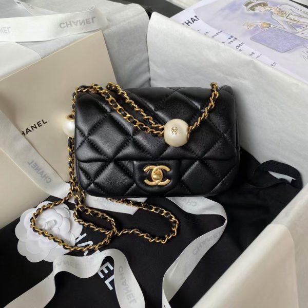 Chanel AS4868 Mini Flap Bag Pearl Lambskin Faux Pearl & Gold Metal Black
