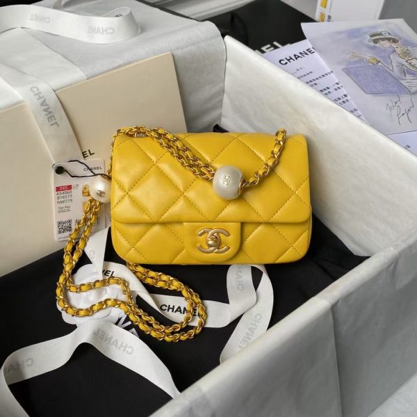 Chanel AS4868 Mini Flap Bag Pearl Lambskin Faux Pearl & Gold Metal Yellow