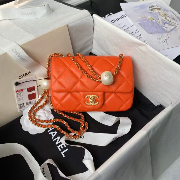 Chanel AS4868 Mini Flap Bag Pearl Lambskin Faux Pearl & Gold Metal Orange