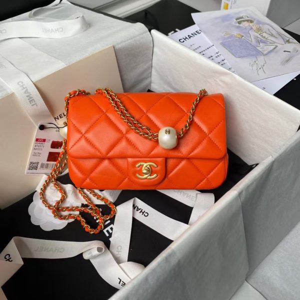 Chanel AS4861 Small Flap Bag Pearl Lambskin Faux Pearl & Gold Metal Orange