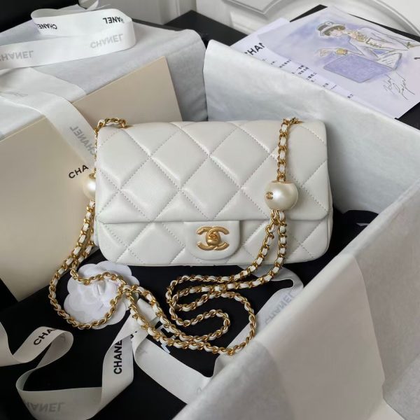 Chanel AS4861 Small Flap Bag Pearl Lambskin Faux Pearl & Gold Metal White