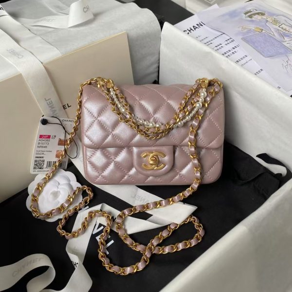 Chanel AS4385 Mini Flap Bag Pearl Lambskin Faux Pearl & Gold Metal Pink Iridescent