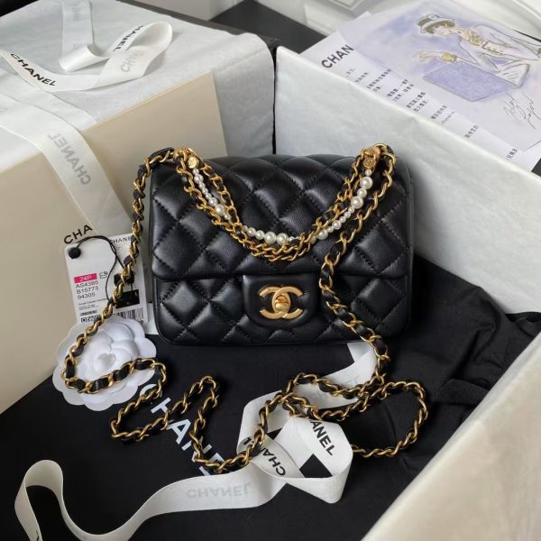 Chanel AS4385 Mini Flap Bag Pearl Lambskin Faux Pearl & Gold Metal Black