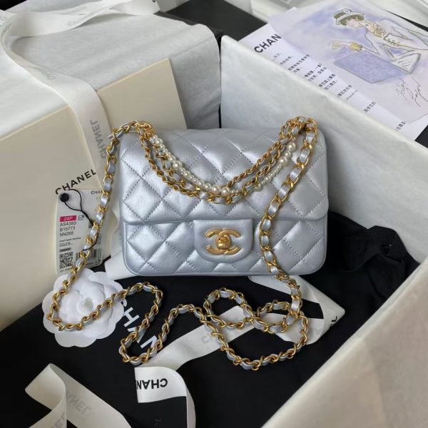 Chanel AS4385 Mini Flap Bag Pearl Lambskin Faux Pearl & Gold Metal Grey
