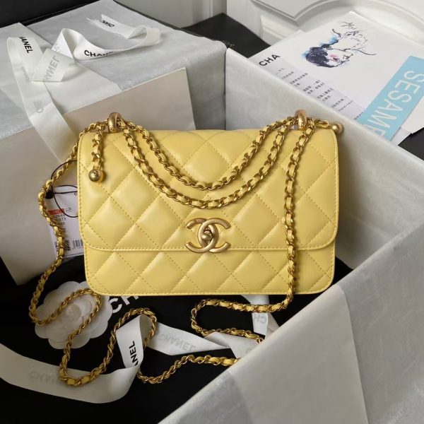 Chanel AS2649 Chain Bag With Gold Charm Small Vintage Calfskin Bag Yellow