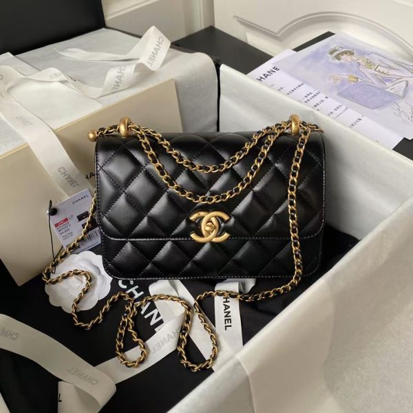 Chanel AS2649 Chain Bag With Gold Charm Small Vintage Calfskin Bag Black