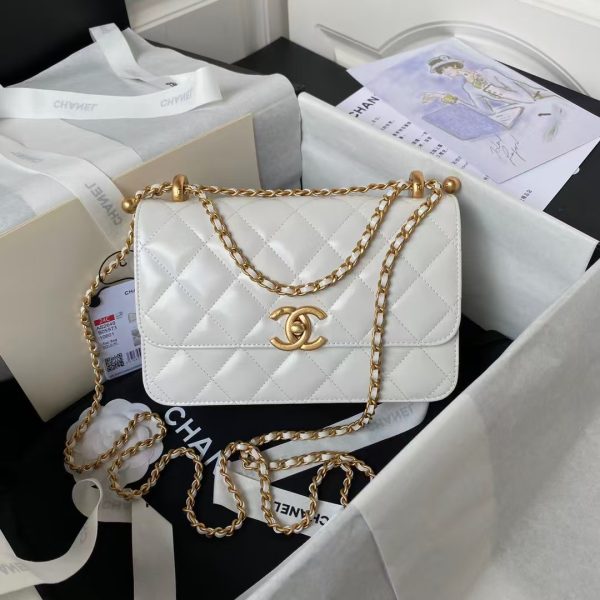 Chanel AS2649 Chain Bag With Gold Charm Small Vintage Calfskin Bag White