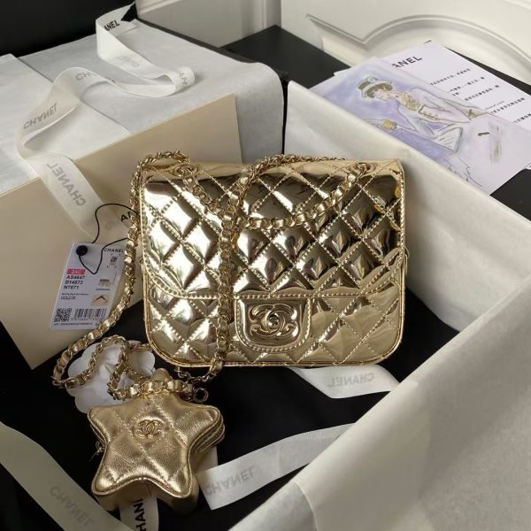 Chanel AS4647 Mini Flap Bag With Star Coin Purse Metallic Calfskin & Gold Metallic Gold