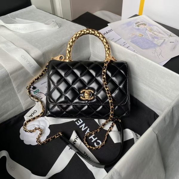 Chanel AS2215 Mini Flap Bag With Metal Top Handle Shiny Calfskin Black