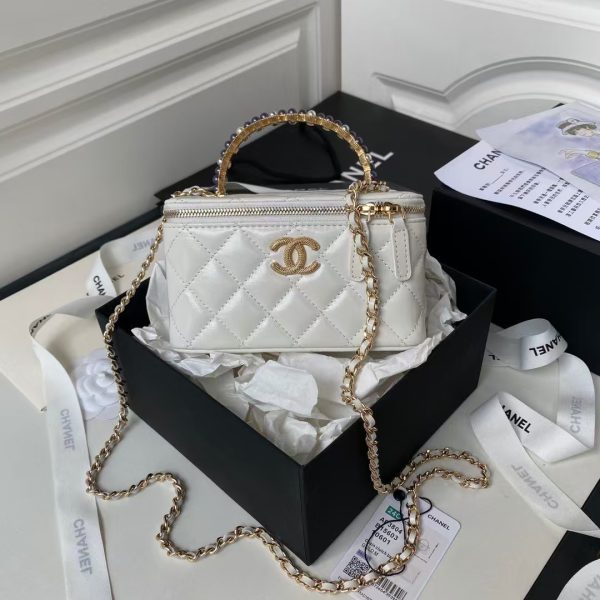 Chanel AP3804 Clutch Lambskin Cosmetic Bag With Pearl Handle White