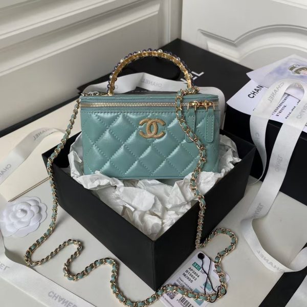 Chanel AP3804 Clutch Lambskin Cosmetic Bag With Pearl Handle Green