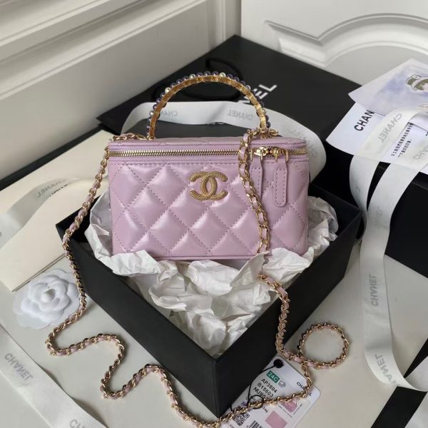 Chanel AP3804 Lambskin Cosmetic Bag With Pearl Handle Pink Purple