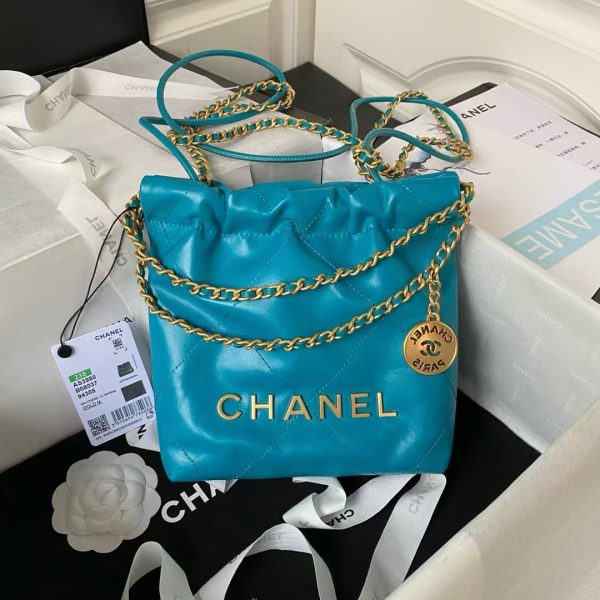 Chanel 22 AS3980 Mini Tote Shiny Calfskin & Gold-Tone Metal Lake Blue