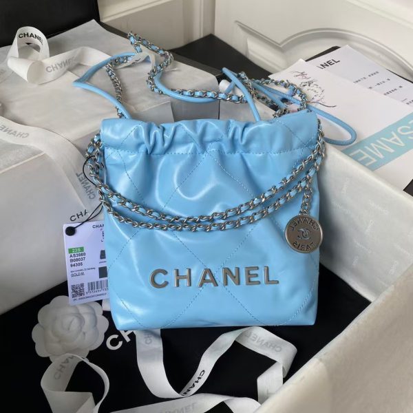 Chanel 22 AS3980 Mini Tote Shiny Calfskin & Silver-Tone Metal Sky Blue