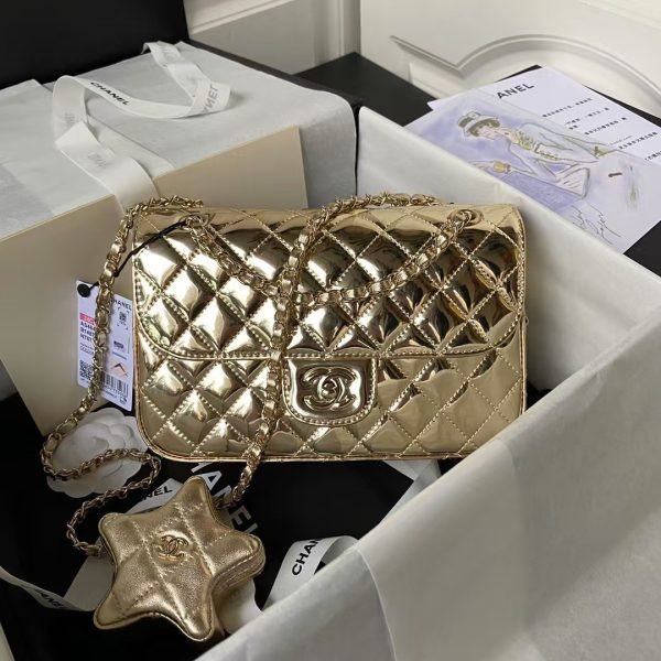 Chanel AS4648 Flap Bag Star Coin Purse Mirrored Calfskin Metallic Calfskin & Gold Metallic Gold