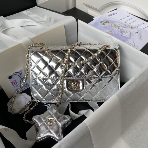 Chanel AS4648 Flap Bag Star Coin Purse Mirrored Calfskin Metallic Calfskin & Gold Metallic Silver