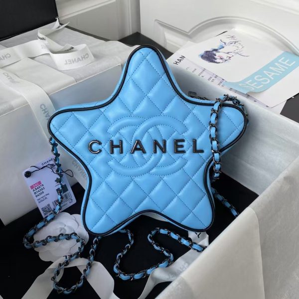 Chanel 24C AS4579 Star Bag Sky Blue and Black Satin Black Metal Hardware