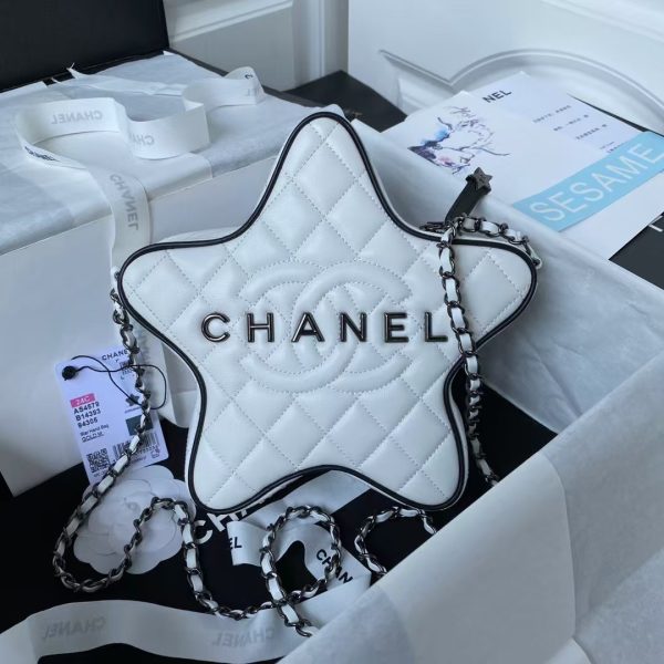 Chanel 24C AS4579 Star Bag White and Black Satin Black Metal Hardware
