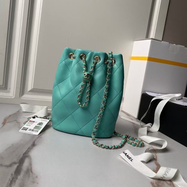 Chanel 24S AS4810 Medium CC Drawstring Backpack Shiny Lambskin Light Gold Hardware Green