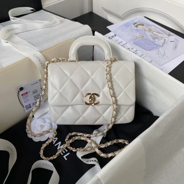 Chanel 24C AS4543 Mini Flap Bag Chain Bag Top Handle White Lambskin