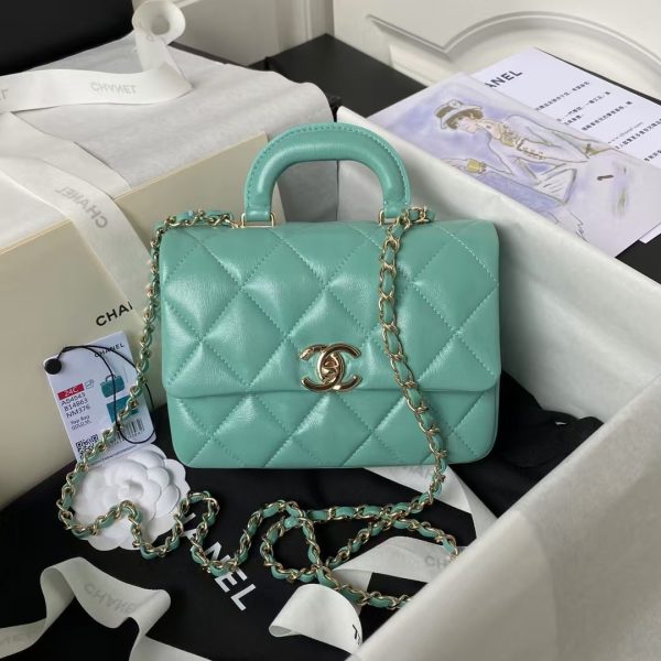 Chanel 24C AS4543 Mini Flap Bag Chain Bag Top Handle Turquoise Lambskin