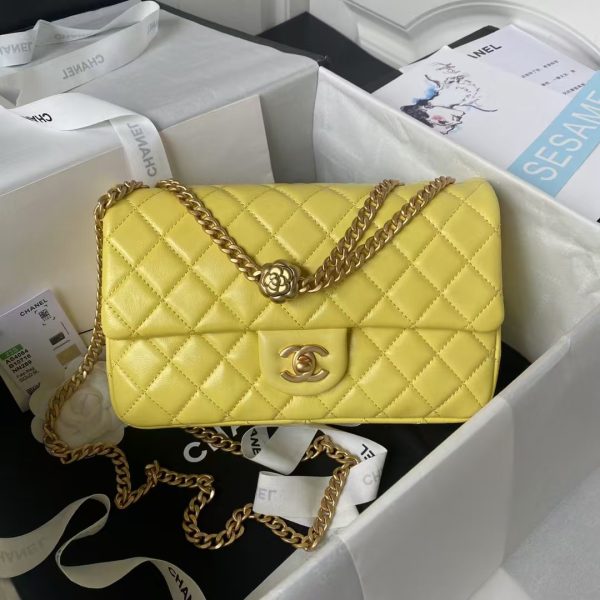 Chanel 23S AS4064 Camellia Embossed Chain Lambskin Flap Bag Yellow