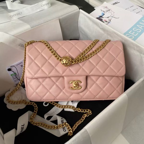 Chanel 23S AS4064 Camellia Embossed Chain Lambskin Flap Bag Light Pink