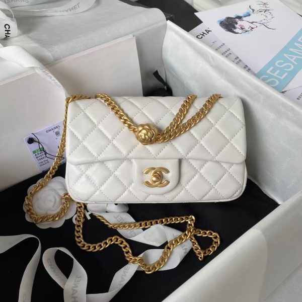 Chanel 23S AS4041 Mini Camellia Embossed Rectangular Flap Bag Antique Gold Hardware White