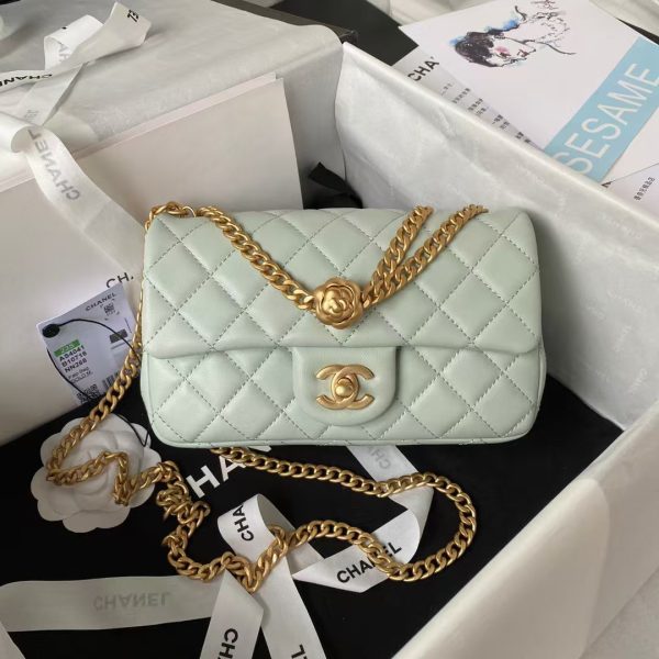 Chanel 23S AS4041 Mini Camellia Embossed Rectangular Flap Bag Antique Gold Hardware Light Green