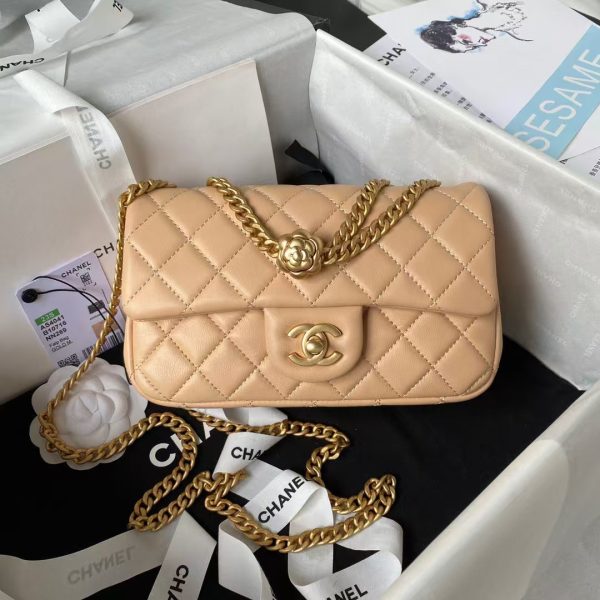 Chanel 23S AS4041 Mini Camellia Embossed Rectangular Flap Bag Antique Gold Metal Hardware Apricot