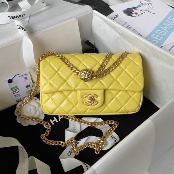 Chanel 23S AS4041 Mini Camellia Embossed Rectangular Flap Bag Antique Gold Metal Hardware Yellow