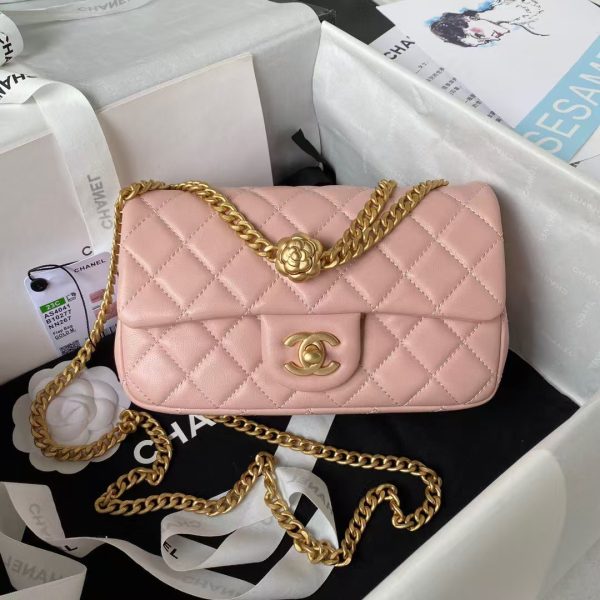Chanel 23S AS4041 Mini Camellia Embossed Rectangular Flap Bag Antique Gold Metal Hardware Light Pink