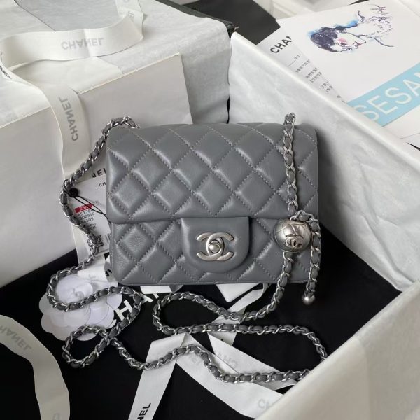 Chanel 23C AS1786 Mini Square Pearl Embossed Flap Bag Antique Silver Hardware Dark Grey
