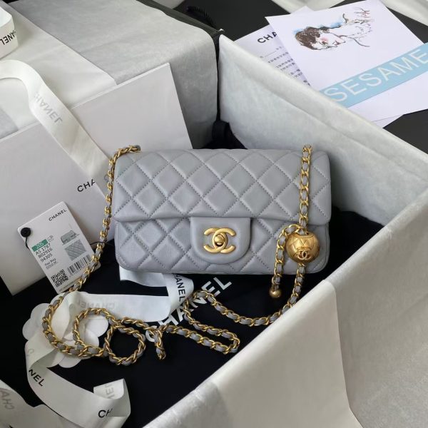 Chanel 23K AS1787 Mini Pearl Embossed Rectangular Flap Bag Lambskin Brushed Metal Hardware Light Grey
