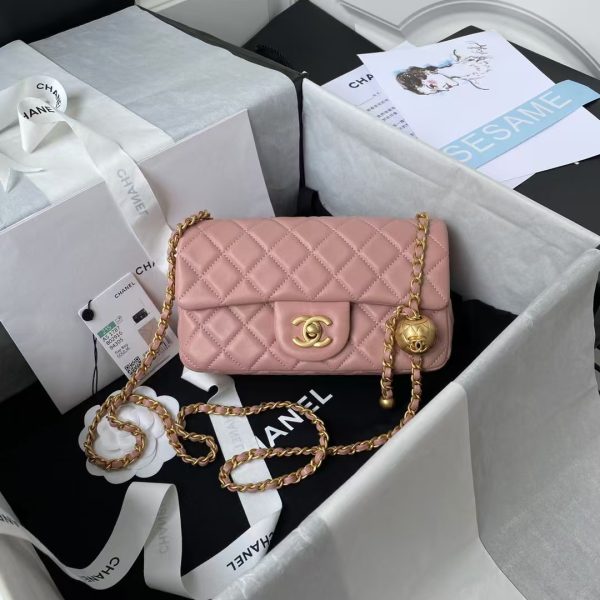 Chanel 23K AS1787 Mini Pearl Embossed Rectangular Flap Bag Lambskin Brushed Metal Hardware Dark Pink