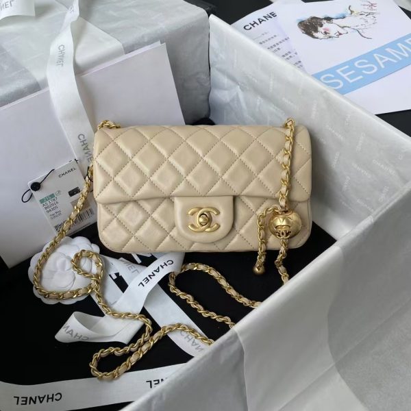 Chanel 23K AS1787 Mini Pearl Embossed Rectangular Flap Bag Lambskin Brushed Metal Hardware Apricot