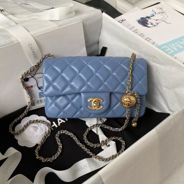 Chanel 23K AS1787 Mini Pearl Embossed Rectangular Flap Bag Lambskin Brushed Metal Hardware Blue