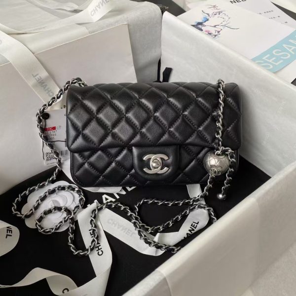 Chanel 23K AS1787 Mini Pearl Embossed Rectangular Flap Bag Lambskin Brushed Silver Metal Hardware Black