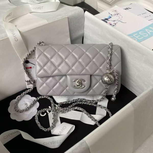 Chanel 23K AS1787 Mini Pearl Embossed Rectangular Flap Bag Lambskin Brushed Silver Metal Hardware Light Grey