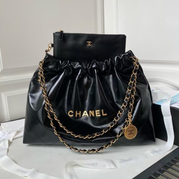 Chanel 22 Hobo Bag 24C AS4486 Gold Metallic Black Shiny Calfskin New Edition Horizontal