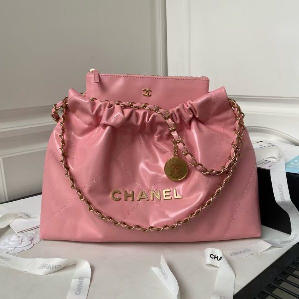 Chanel 22 Hobo Bag 24C AS4486 Gold Metallic Dark Pink Shiny Calfskin New Edition Horizontal