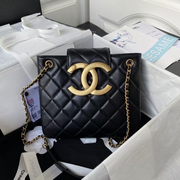 Chanel 24C AS4596 Vintage Logo Quilted Lambskin Shoulder Bag Black
